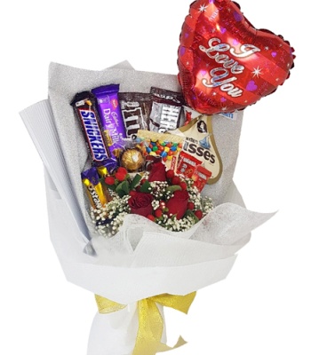 Valentine's Day Red Roses and Chocolates with Heart-Shaped Balloon