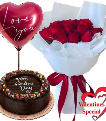 Valentine's Day Red Roses With Cake And I Love You Balloon