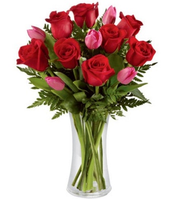 Valentine's Day Tulips and Roses in Vase