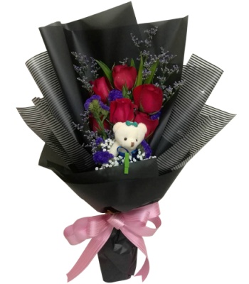 Valentines Red Roses and Teddy Bear Gift Combo