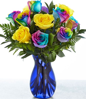 Yellow and Rainbow Color Ecuadorian Roses in Vase