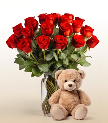 Valentine's Day Red Roses And Teddy Combo