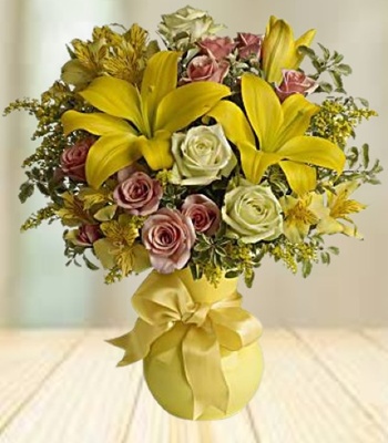 Yellow Lily Bouquet With Roses And Alstroemeria