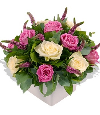 11 White and Pink Roses Ikebana Bouquet