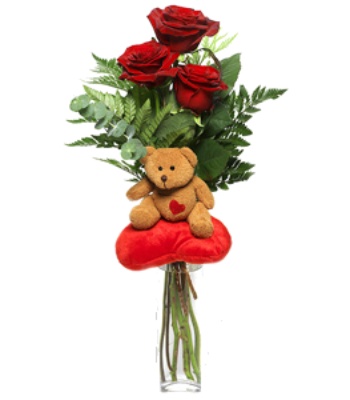 3 Red Roses with Teddy Bear