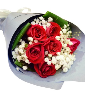 Red Roses with Gypsophila and Greenery