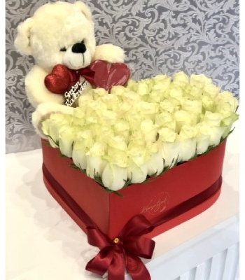 Roses and Teddy Bear in A Heart Box