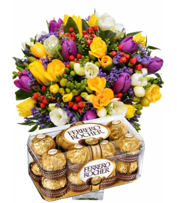 Mixed Flower Bouquet and Ferrero Rocher Chocolates