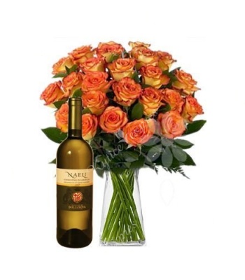 Orange Roses and White Wine Bottle