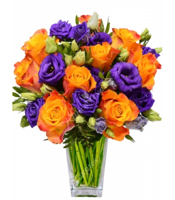 Purple Eustoma and Orange Roses