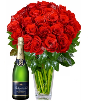 Red Roses with Sparkling Wine