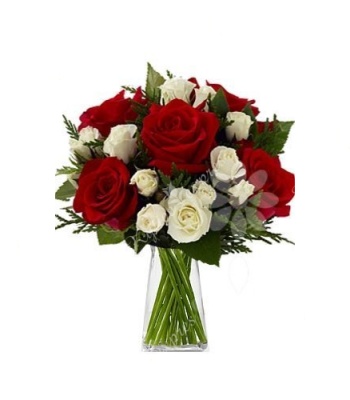Red Roses with White Eustoma and Greenery