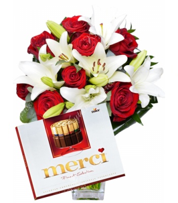 Roses and Lilies with Merci Chocolate Box