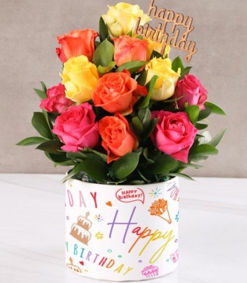 Birthday Blooms in White Hat Box