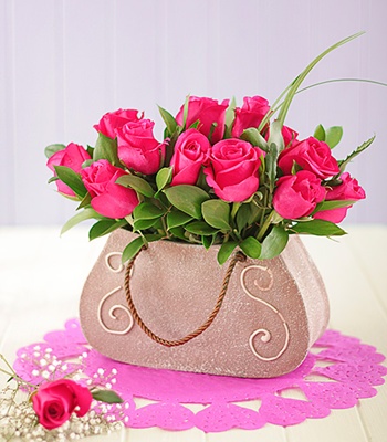 Dozen Pink Roses in Fancy Hand Bag