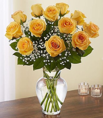Dozen Yellow Roses in Glass Vase