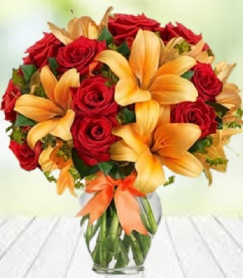 Orange Lily and Red Rose Bouquet