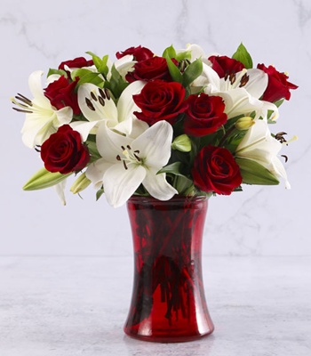 Red & White Rose Arrangement in Vase