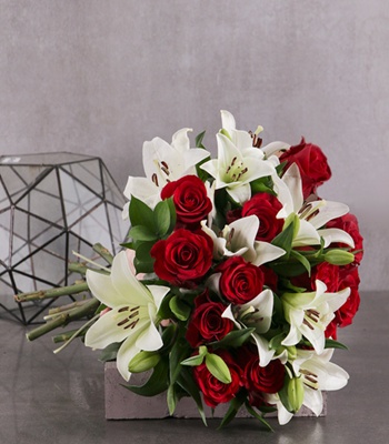 Rose & Lily Bouquet with Chrysanthemums - Red & White Flower Bouquet