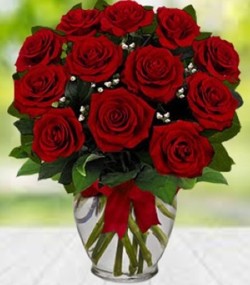 Valentines Day Bouquet - Dozen Red Red Roses Hand-Tied