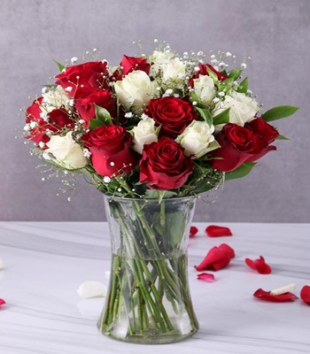 Valentine's Day Red & White Roses in Vase