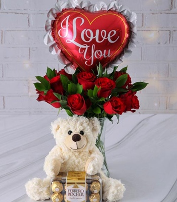 Valentine's Day Romantic Roses And Teddy Vase Set
