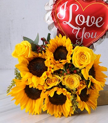 Valentine's Day Sunflower and Gum Leaf Bouquet