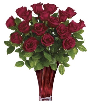 Flower Arrangement in Red Vase - 18 Red Roses