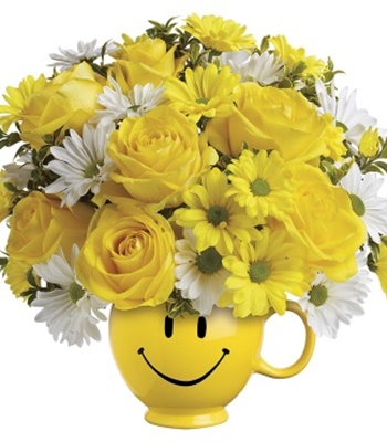 Roses and Gerbera Daisies in Happy Face Smily Mug