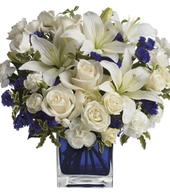 Blue Sky Bouquet of Roses, Lilies & Blue Fillers