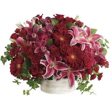 Orchids and Roses with Red Hydrangea in Modern White Cylinder Vase