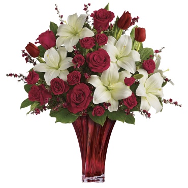 Tulip Flower Bouquet with Roses and Lilies in Glass Vase
