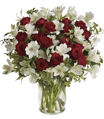 Red Rose Bouquet With Seasonal White Flowers