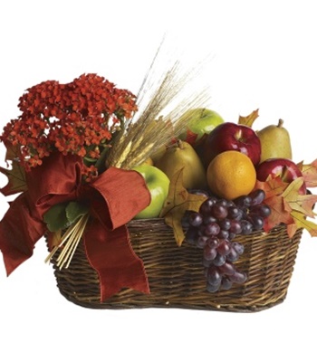 Fruit Basket With Potted Orange Kalanchoe Plant