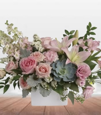 Soft Pink Flowers in Square White Vase