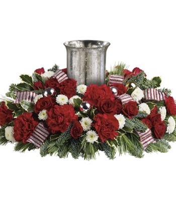 Holly Jolly Centerpiece Of Roses And Winter Greens