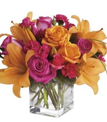 Hot Pinks & Orange Flowers In Simple Cube Vase