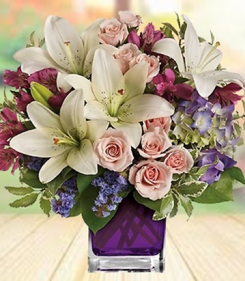 Anniversary Flowers - Rose and Lily with Hydrangea in Violet Cube