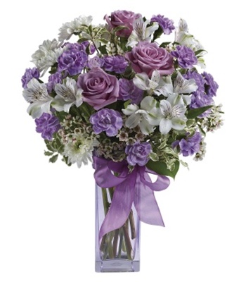Lavender Flowers in Lavender Vase & Ribbon
