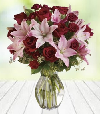Rose and Lily Bouquet - Long Stem Roses