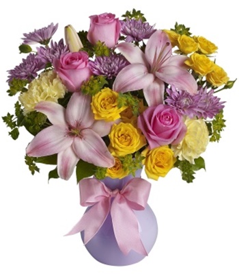 Pastel Colored Flowers In Charming Lavender Vase