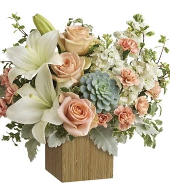 Peach & White Flowers in Natural Bamboo Cube