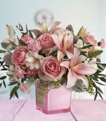Pink Flowers in Pink Cube Vase