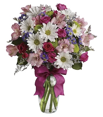 Pink, White & Lavender Flowers in Vase