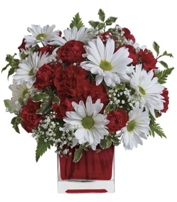 Red & White Flowers Arranged In Ruby Red Glass Cube