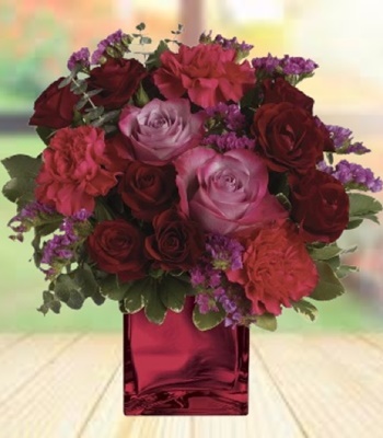 Red and Lavender Roses in Stunning Red Mirrored Glass Cube
