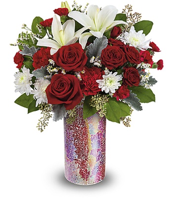 Red Rose Bouquet in Vibrant Mosaic Glass Vase