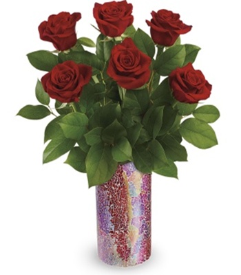 Red Roses In Keepsake Sparkling Crackled Mosaic Vase