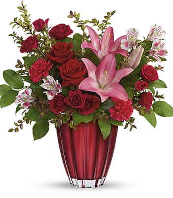 Red Roses And Pink Lilies In European Glass Vase