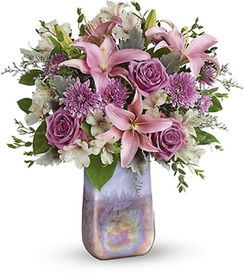 Roses And Lilies in Hand-Blown Art Glass Vase